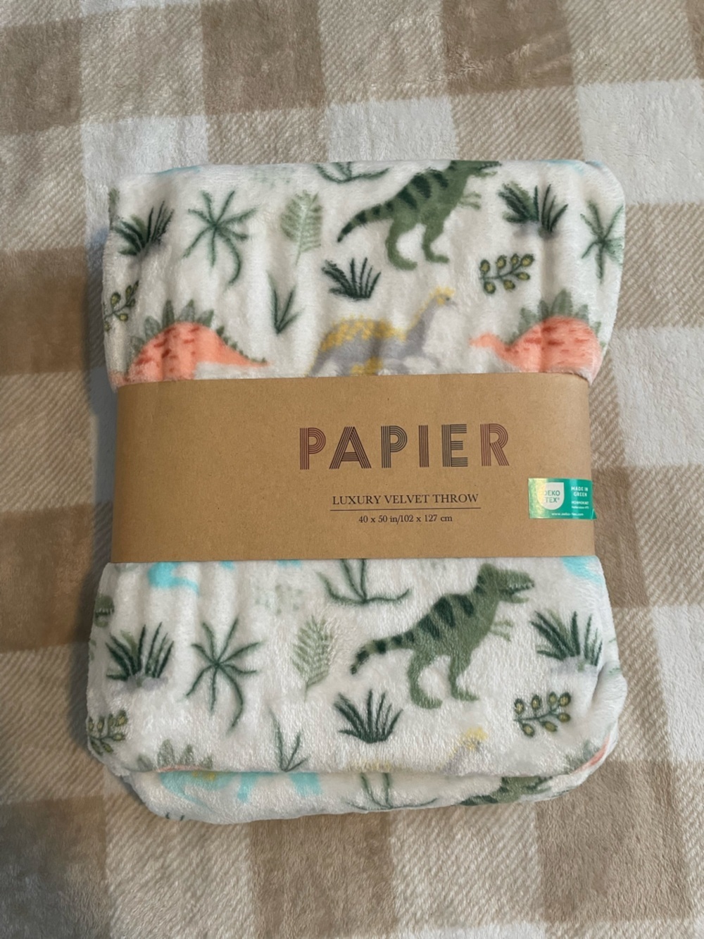 PAPIER Luxury Velvet Throw 40x50 inches - Dinosaur Print in Cream, Green & Coral